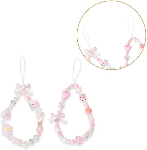 Flower Keychain for Phone Case Charms Strawberry Decorations for Backpack Purse Accessories for Handbags Cellphone Keychains for Womens Aesthetic Pink Beaded Keychains for Her 2PCs in Saudi Arabia