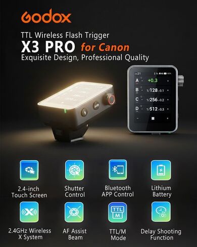 GODOX X3 PRO C X3PRO C TTL Wireless Flash Trigger for Canon with Bluetooth Integration & APP Control Touch Screen 2.4GHz Wireless X System Pro Shooting Modes Shutter Control Fast Charging in Saudi Arabia