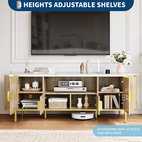 حامل تلفزيون IDEALHOUSE مقاس 70 بوصة مع سطح من الرخام الصناعي، ووحدة تحكم تلفزيون حديثة مع أبواب منزلقة منحنية وأرفف قابلة للتعديل، ومركز ترفيه خشبي لأجهزة التلفاز حتى 80 بوصة in Kuwait