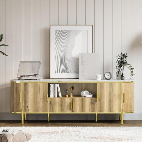 حامل تلفزيون IDEALHOUSE مقاس 70 بوصة مع سطح من الرخام الصناعي، ووحدة تحكم تلفزيون حديثة مع أبواب منزلقة منحنية وأرفف قابلة للتعديل، ومركز ترفيه خشبي لأجهزة التلفاز حتى 80 بوصة in Kuwait