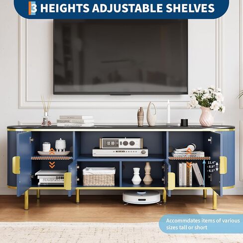 حامل تلفزيون IDEALHOUSE مقاس 70 بوصة مع سطح من الرخام الصناعي، ووحدة تحكم تلفزيون حديثة مع أبواب منزلقة منحنية وأرفف قابلة للتعديل، ومركز ترفيه خشبي لأجهزة التلفاز حتى 80 بوصة in Kuwait