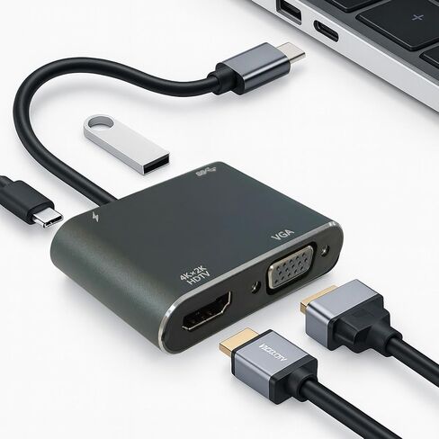 محول USB من النوع C إلى HDMI VGA 4 في 1 - شحن USB-C إلى 60 وات PD، USB 3.0، مخرج HDMI 4K وVGA 1080P، محول صغير لأجهزة الكمبيوتر المحمول in Saudi Arabia