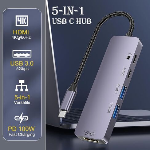 USB-C Hub 5 in 1 with 4K 60Hz HDMI, 100W Power Delivery for MacBook Pro/Air, iPad Pro, Thinkpad Rog Ally and More. in Saudi Arabia