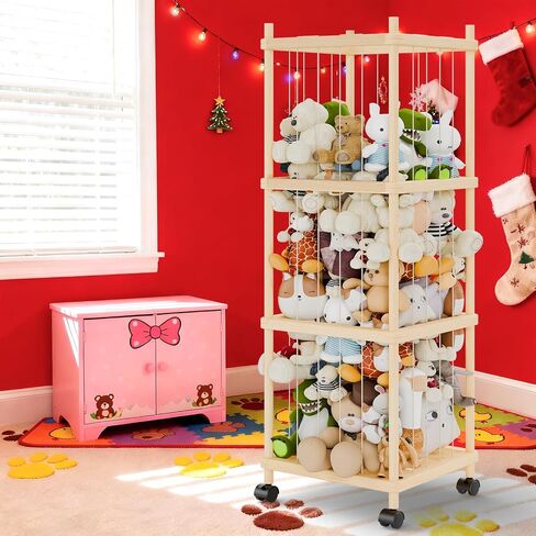 Stuffed Animal Storage and Holder - Large Size Wooden Animals Zoo Toy Organizer with Elastic Bands, Swivel Wheels and Castle Stickers, For Toddler Rooms, Playrooms, Bedrooms(58x16x16inch) in Saudi Arabia