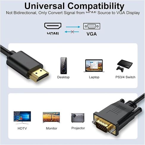HD 1080P HDMI-Compatible to V/GA Cord Adapter Analog Converter Video Cord Plated Chip for PC TV M>oni>tor Display Projector(0.5m) in Saudi Arabia