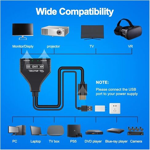 HDTV 4K 30Hz HDMI Splitter 1 in 2 Out Video V/GA Cord to DVI 24 to Hdmi Adapter for TV Box M>oni>tor Projector 15m(HDMI add US Adapter) in Saudi Arabia