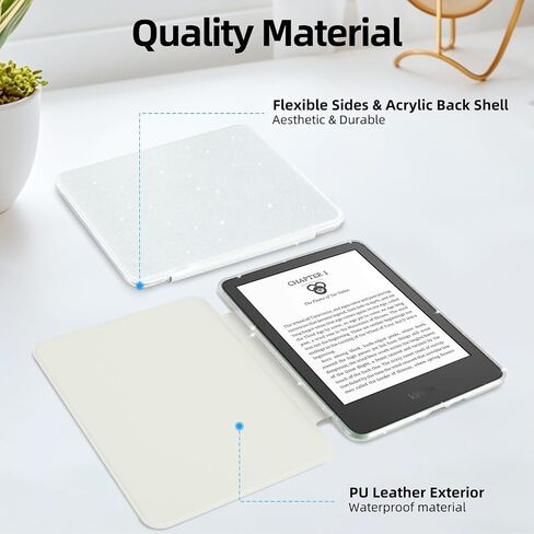 Glitter Case for 6" Kindle 11th Generation 2024/2022 Release, Light PU Leather Cover and Transparent Hard Back Shell,with Auto Sleep/Wake,Glitter White in Saudi Arabia