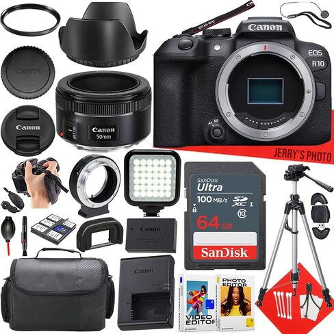 Canon EOS R10 Mirrorless Camera with Canon EF 50mm f/1.8 STM Lens + 64 GB Memory + LED Light + Camera Case + Mount Adapter for Canon R + More (24pc Bundle) (Renewed) in Saudi Arabia