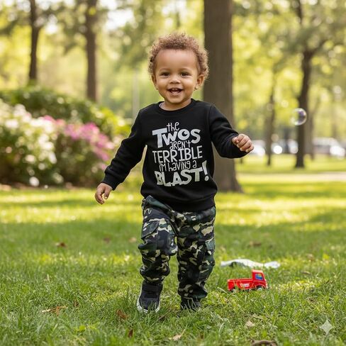 Fernvia Toddler Baby Boy 2nd Birthday Outfits Sweatshirt Camouflage Pants | 2T 3T Boy Clothes,Long Sleeve,Elastic,Cotton Blend,the Twos aren't TERRIBLE i'm have a BLAST Letter Print in Saudi Arabia