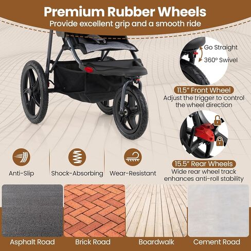 BABY JOY Jogging Stroller, Foldable Jogger Stroller with Adjustable Canopy & Backrest, Air-Filled Tires, Child & Parent Tray, Cup Holders, Storage Basket, Running Stroller for Babies Toddlers (Gray) in Saudi Arabia