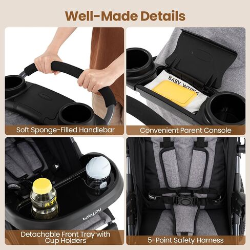 BABY JOY Jogging Stroller, Foldable Jogger Stroller with Adjustable Canopy & Backrest, Air-Filled Tires, Child & Parent Tray, Cup Holders, Storage Basket, Running Stroller for Babies Toddlers (Gray) in Saudi Arabia