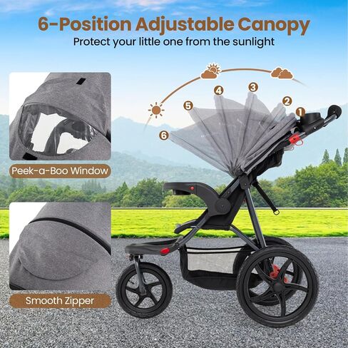 BABY JOY Jogging Stroller, Foldable Jogger Stroller with Adjustable Canopy & Backrest, Air-Filled Tires, Child & Parent Tray, Cup Holders, Storage Basket, Running Stroller for Babies Toddlers (Gray) in Saudi Arabia