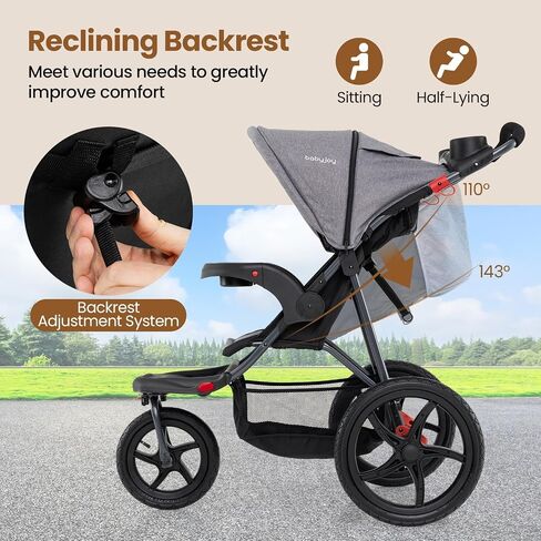 BABY JOY Jogging Stroller, Foldable Jogger Stroller with Adjustable Canopy & Backrest, Air-Filled Tires, Child & Parent Tray, Cup Holders, Storage Basket, Running Stroller for Babies Toddlers (Gray) in Saudi Arabia