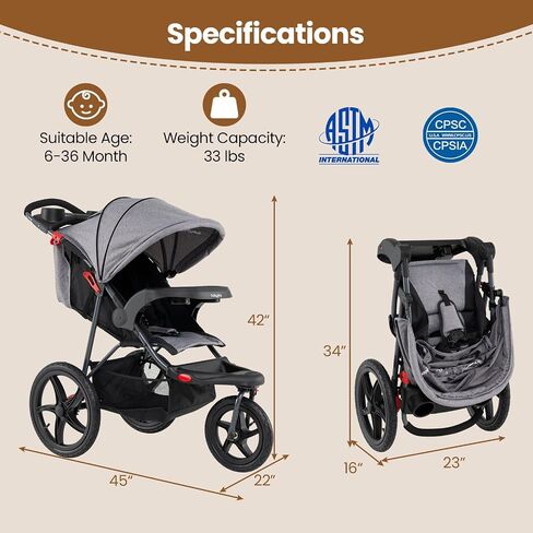 BABY JOY Jogging Stroller, Foldable Jogger Stroller with Adjustable Canopy & Backrest, Air-Filled Tires, Child & Parent Tray, Cup Holders, Storage Basket, Running Stroller for Babies Toddlers (Gray) in Saudi Arabia