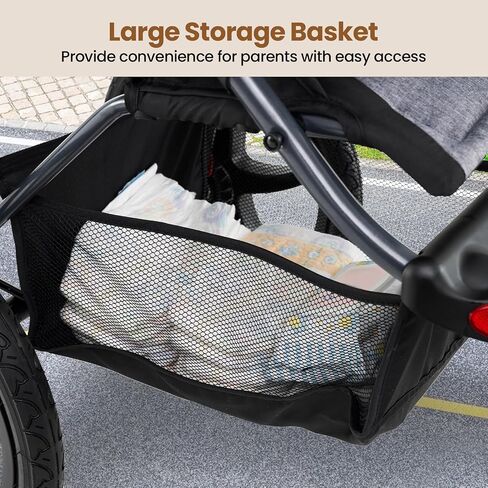 BABY JOY Jogging Stroller, Foldable Jogger Stroller with Adjustable Canopy & Backrest, Air-Filled Tires, Child & Parent Tray, Cup Holders, Storage Basket, Running Stroller for Babies Toddlers (Gray) in Saudi Arabia