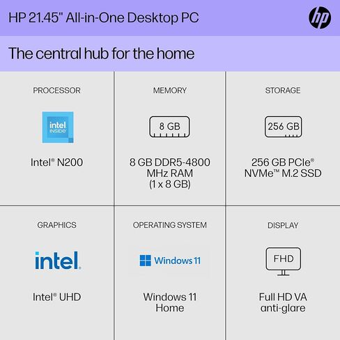 كمبيوتر مكتبي HP الكل في واحد مقاس 22 بوصة، شاشة FHD، Intel N200، ذاكرة الوصول العشوائي 8 جيجابايت، 256 جيجابايت SSD، Intel UHD Graphics، Windows 11 Home، 22-dg0012 (2024) (متجدد) in Saudi Arabia