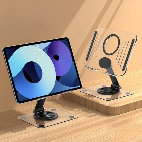 Acrylic Tablet Stand for Desk with 360° Rotating Base, Foldable Tablet Stand, Liftable Compatible in Saudi Arabia