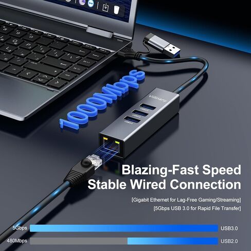 USB C to Ethernet Adapter, 4-in-1 USB C Hub with Gigabit LAN Port and 3 USB 3.0 Ports, Compatible with MacOS, Windows Linux Laptops, Driver-Free Setup, Portable RJ45 Dongle for Laptop in Saudi Arabia
