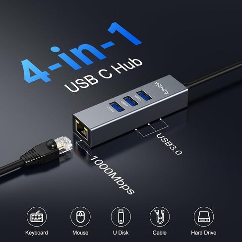 USB C to Ethernet Adapter, 4-in-1 USB C Hub with Gigabit LAN Port and 3 USB 3.0 Ports, Compatible with MacOS, Windows Linux Laptops, Driver-Free Setup, Portable RJ45 Dongle for Laptop in Saudi Arabia
