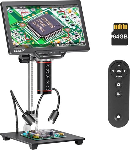 مجهر العملة الرقمي للتركيز التلقائي من Elikliv: مجهر لحام HDMI للبالغين EM3K-AF، مكبر عملة 3K للعرض الكامل، مجهر IPS 7 بوصة مع شاشة، مخرج HDMI/USB، حامل 10 بوصة، ضوء مزدوج، 64 جيجابايت in Kuwait