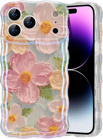 حافظة EYZUTAK لهاتف iPhone 17 Pro Max، لوحة زيتية ملونة مطبوعة على شكل زهرة ليزر لامعة نمط لطيف مجعد حافة مموجة غطاء هاتف رائع حافظة واقية متينة من مادة TPU للفتيات والنساء باللون الأخضر in Kuwait