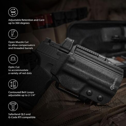 GRITR OWB Kydex Sig Sauer P365-XMACRO Open Carry Pistol Holster for Men & Women w/Optic Cut, Open Bottom, Adjustable Belt Loops, Fits Safariland QLS/G-Code RTI Attachments - Right/Left Hand Options in Kuwait