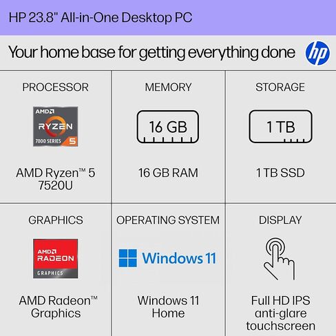 كمبيوتر مكتبي HP الكل في واحد مقاس 23.8 بوصة، شاشة لمس FHD، AMD Ryzen 5 7520U، ذاكرة الوصول العشوائي 16 جيجابايت، 1 تيرابايت SSD، AMD Radeon Graphics، Windows 11 Home، Jet Black، 24- cr0140 (2025) in Kuwait