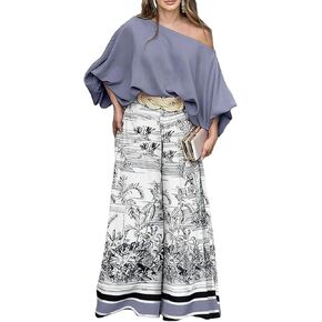 CHICME Women Summer 2 Piece Outfits Off Shoulder Lantern Sleeve Top Flowy Wide Leg Pants Set in Kuwait