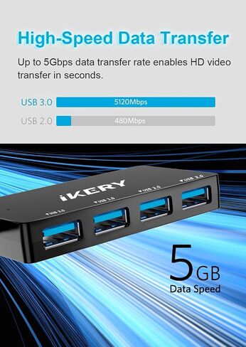 محور USB 3.0 ذو 4 منافذ، محور نقل بيانات عالي السرعة بسرعة 5 جيجابت في الثانية لأجهزة الكمبيوتر المحمول والكمبيوتر الشخصي وماك بوك - منافذ محمولة من النوع A مع كابل ممتد بطول 1 قدم in Saudi Arabia