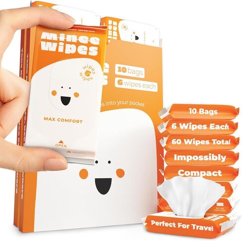 Impossibly Compact Travel Wipes - 99.5% Water - Safe for Sensitive Skin & Hypoallergenic, Resealable, Thick & Durable - For Adults, Kids & Baby Care - Unscented, 10 Pack Total 60 Wipes in Saudi Arabia