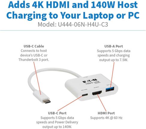 Tripp Lite USB C to HDMI Multiport Video Adapter Converter 1080p w/ USB-A Hub, USB-C PD Charging, Gigabit Ethernet Port (Gbe), Thunderbolt 3 Compatible, USB Type C, USB Type-C (U444-06N-HGU-C) in Saudi Arabia