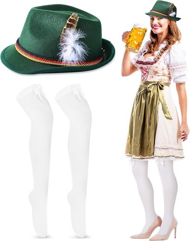 Hercicy 2 Pcs Oktoberfest Hat Socks Women Felt German Hat with Feather Bavarian Knee Lederhosen Compression Socks Cosplay in Saudi Arabia