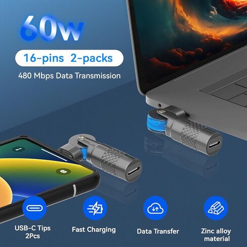 USB C Adapter (2-Pack), PD 60W USB C 90 Degree Adapter, USB Type C Right Angle Adapter/180 Degree C to C Adapters for Phone 17/16/15, MacBook Pro/Pad Series, Samsung Galaxy, Tablet, Laptop in Saudi Arabia