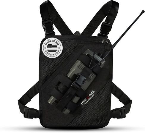 Lone Peak Black Padded Radio Chest Harness w/ Smartphone Pocket (9.5" X 8")- Secure Fit Search and Rescue Gear - Universal Outdoor Tactical Walkie Talkie Harness- Radio Chest Pack for EMS- Made in USA in Saudi Arabia