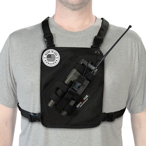 Lone Peak Black Padded Radio Chest Harness w/ Smartphone Pocket (9.5" X 8")- Secure Fit Search and Rescue Gear - Universal Outdoor Tactical Walkie Talkie Harness- Radio Chest Pack for EMS- Made in USA in Saudi Arabia