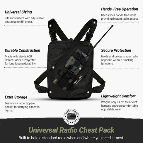 Lone Peak Black Padded Radio Chest Harness w/ Smartphone Pocket (9.5" X 8")- Secure Fit Search and Rescue Gear - Universal Outdoor Tactical Walkie Talkie Harness- Radio Chest Pack for EMS- Made in USA in Saudi Arabia