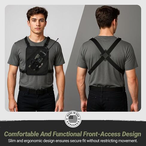 Lone Peak Black Padded Radio Chest Harness w/ Smartphone Pocket (9.5" X 8")- Secure Fit Search and Rescue Gear - Universal Outdoor Tactical Walkie Talkie Harness- Radio Chest Pack for EMS- Made in USA in Saudi Arabia