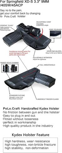 POLE.CRAFT IWB Kydex Holster Fit: Springfield XD-S 3.3" 9mm / .40 S&W / .45 ACP Single Stack & XD-S MOD.2 3.3" Pistol⎜Inside Waistband Carry⎜Adj. Cant Retention⎜Cover Mag-Button⎜No Wear⎜No Jitter in Kuwait