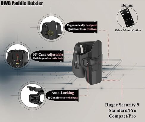 Security 9 Holster, OWB Paddle Holster for Ruger Security 9mm Standard/Pro, Ruger Security 9mm Compact/Pro(Not for Laser Models), Adjustable Cant Gun Holster & Fast Release - Right Handed in Saudi Arabia