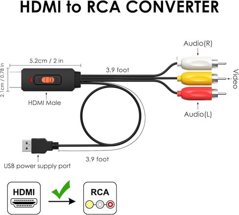 HDMI to AV Converter HDMI to RCA Composite Converter Adapter Compatible with Roku Stick Support PAL/NTSC, Support1080P (HDMI to AV Adapter) in Saudi Arabia