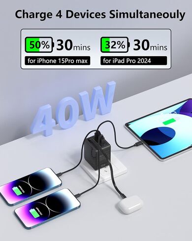 شاحن حائط قابل للسحب بقدرة 40 وات مع كابل من النوع C، وكتلة شاحن 4 منافذ GaN IV USB C، ومحطة شحن سريعة قابلة للطي PD 20 وات لأجهزة iPhone 16 15 Pro/ProMax/Plus وiPad Pro وGalaxy وPixel in Kuwait