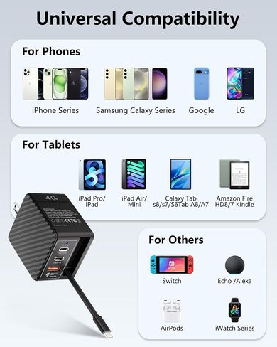 شاحن حائط قابل للسحب بقدرة 40 وات مع كابل من النوع C، وكتلة شاحن 4 منافذ GaN IV USB C، ومحطة شحن سريعة قابلة للطي PD 20 وات لأجهزة iPhone 16 15 Pro/ProMax/Plus وiPad Pro وGalaxy وPixel in Kuwait