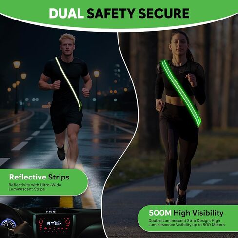 LED Reflective Running Sash for Men & Women – Rechargeable Flashing Safety Light for Night Jogging, Cycling, Hiking, Walking – High Visibility Reflective Gear (Green) in Saudi Arabia