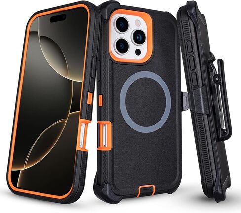 for iPhone 16 Pro Max Case with Belt Clip Holster, [Compatible with MagSafe] Heavy Duty Military Grade Protection, 3-Layer Rugged Shockproof for iPhone 16 Pro Max Case with Kickstand (Black+Orange) in Saudi Arabia