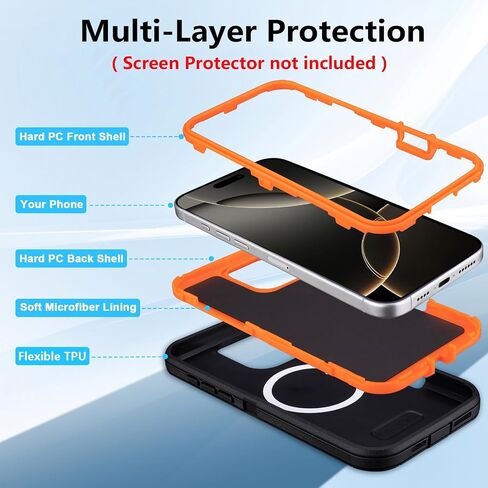 for iPhone 16 Pro Max Case with Belt Clip Holster, [Compatible with MagSafe] Heavy Duty Military Grade Protection, 3-Layer Rugged Shockproof for iPhone 16 Pro Max Case with Kickstand (Black+Orange) in Saudi Arabia
