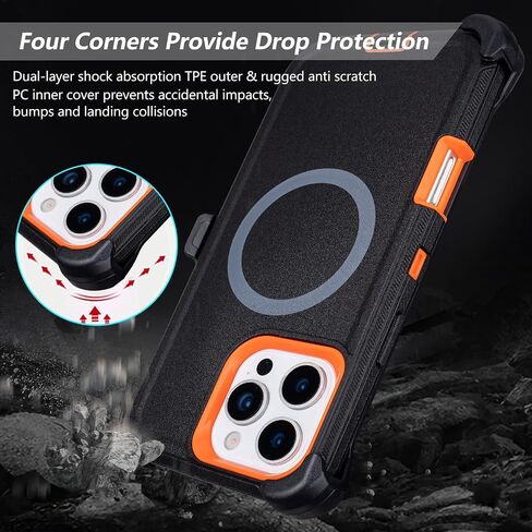 for iPhone 16 Pro Max Case with Belt Clip Holster, [Compatible with MagSafe] Heavy Duty Military Grade Protection, 3-Layer Rugged Shockproof for iPhone 16 Pro Max Case with Kickstand (Black+Orange) in Saudi Arabia
