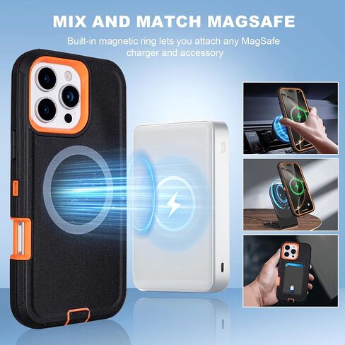 for iPhone 16 Pro Max Case with Belt Clip Holster, [Compatible with MagSafe] Heavy Duty Military Grade Protection, 3-Layer Rugged Shockproof for iPhone 16 Pro Max Case with Kickstand (Black+Orange) in Saudi Arabia