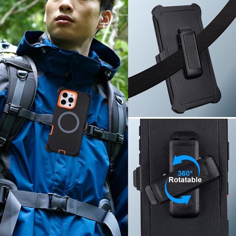 for iPhone 16 Pro Max Case with Belt Clip Holster, [Compatible with MagSafe] Heavy Duty Military Grade Protection, 3-Layer Rugged Shockproof for iPhone 16 Pro Max Case with Kickstand (Black+Orange) in Saudi Arabia