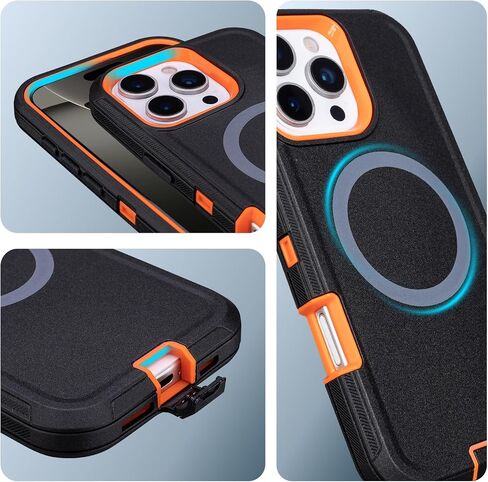 for iPhone 16 Pro Max Case with Belt Clip Holster, [Compatible with MagSafe] Heavy Duty Military Grade Protection, 3-Layer Rugged Shockproof for iPhone 16 Pro Max Case with Kickstand (Black+Orange) in Saudi Arabia