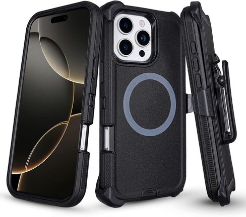 حافظة لهاتف iPhone 16 Pro Max مع حافظة بمشبك حزام، [متوافقة مع MagSafe] حماية شديدة التحمل من الدرجة العسكرية، 3 طبقات متينة مقاومة للصدمات لهاتف iPhone 16 Pro Max مع مسند (أسود + برتقالي) in Kuwait